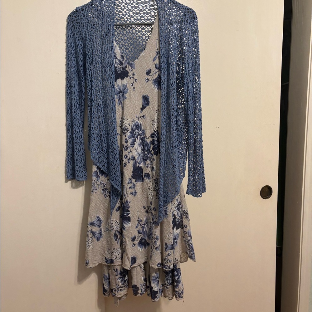 Blue Floral Dress with Crochet Cardigan